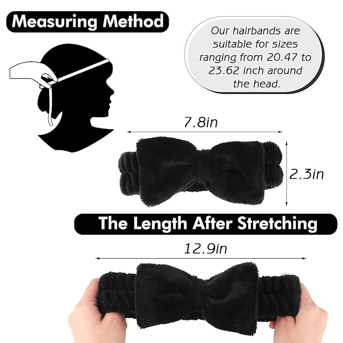 Zkptops 6Pcs Spa Headband for Washing Face Wristbands Set Women Bubble Makeup Sponge Terry Cloth Padded Puffy Skincare Headband Bow Tie Hairband Cute Non Slip Thick Hair Accessory Gifts(Black)