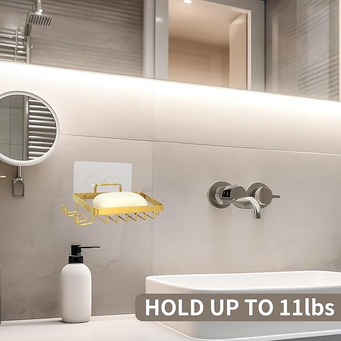 Snailhouse Soap Dish for Shower, Wall Self Draining Adhesive Hanging Stainless Steel Bathroom Bathtub Bar Soap Holder Tray Caddy with 2 Hooks, Gold