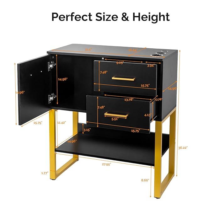 OmySalon Professional Barber Station, Salon Stations for Hair Stylist, Storage Cabinet with 3 Hair Dryer Holders, 2 Drawers, Hairdressing Organizer Table for Beauty Spa Barbershop Home, Black Gold
