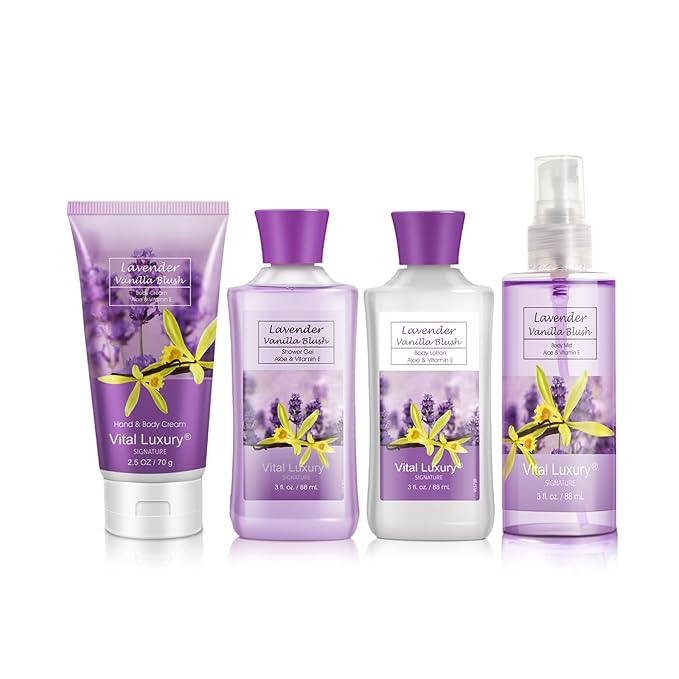 Bath & Body Travel Kit - Lavender Vanilla Blush Fragrance Mist, Body Lotion, Shower Gel, and Body Cream - Ideal 3 Fl Oz Skincare Gift Set for Home Spa