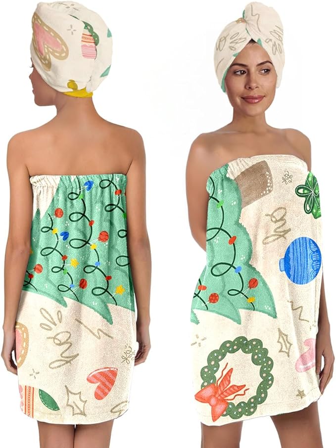 Christmas Bath Wrap and Hair Drying Towel Set – Holiday Shower Skirt with Elastic Snap Closure, Microfiber Absorbent Quick Dry Spa Wrap with Festive Prints