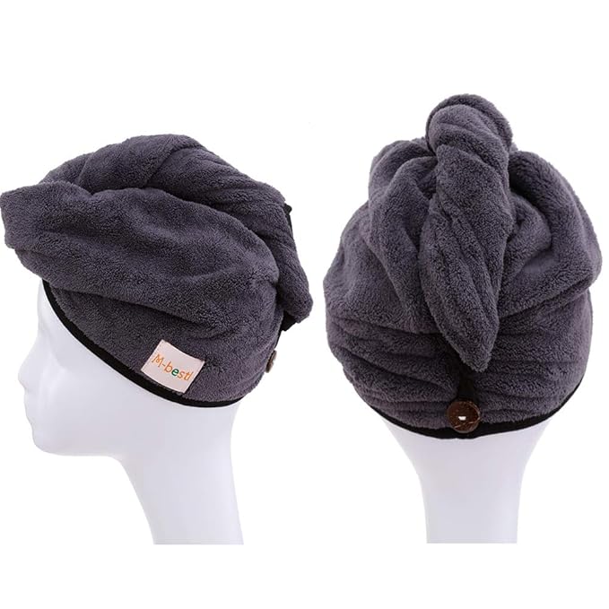 M-bestl 2 Pack Hair Drying Towels, Hair Towel Wrap,Absorbent Microfiber Hair Towel Turban with Button Design to Dry Hair More Quicker(Dark Gray& Blue)