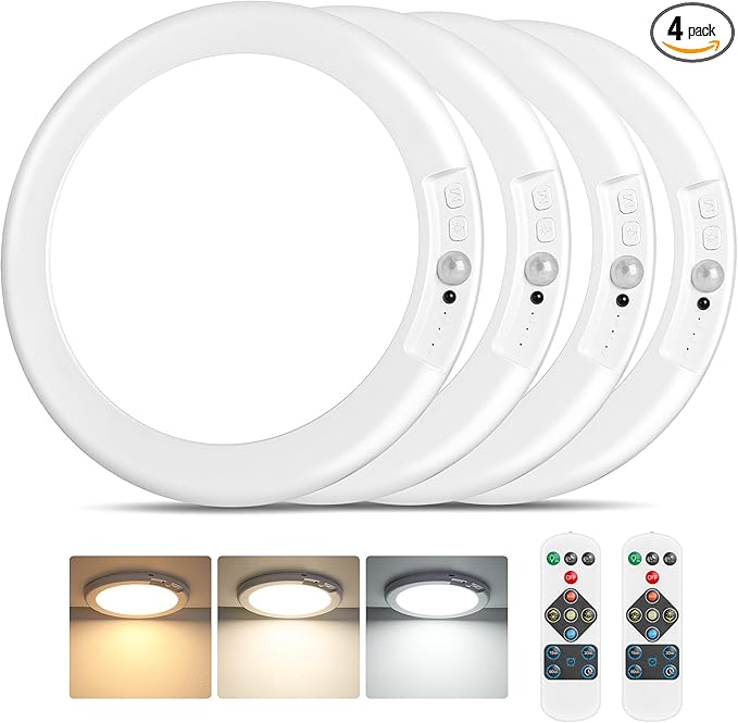 Bairth Rechargeable Motion Sensor Ceiling Lights with Remote, Battery Operated Ceiling Lights No Wiring, Wireless 3 Colors Dimmable Overhead Lamps for Closet Shower Shed Hallway, 4-Pack