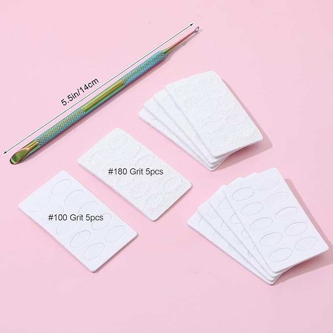 Dual Ended Nail Cuticle Pusher, 100/180 Grit Sandpaper Sheets Cuticle File Stainless Steel Nail Pusher Russian Prep Nails Pushers Self-Adhesive Sandpaper for Manicure Pedicure Nails Art Care Tools