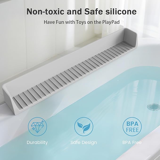 Bathtub Splash Guard PlayPad Shelf Area with Strong Suction Cups, Toy Tray Caddy Holder Storage Over Tub, Bathtub Ledge Guard, No Mess Water, Splash Protection Water Barrier for Bathroom-Gray