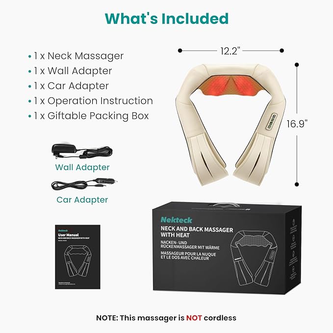 Nekteck Shiatsu Neck Massager with Heat for Pain Relief Deep Tissue, 2026 Upgraded 3D Back Shoulder Kneading Massage Pillow, Relaxation Gifts for Him Her Mom Dad Mother's Day, Beige (NOT Cordless)