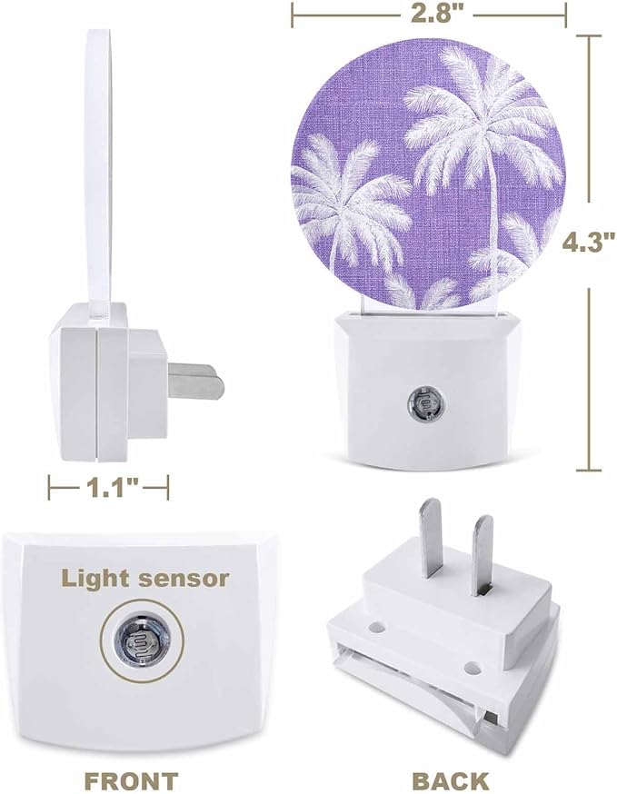 Night Lights Auto Sensor Tropical Palm Trees Night Light Purple Linen Coastal Round Lamp Plug-in LED Nightlights Dusk to Dawn for Living Room Bedroom Bathroom Hallway Wall Decor