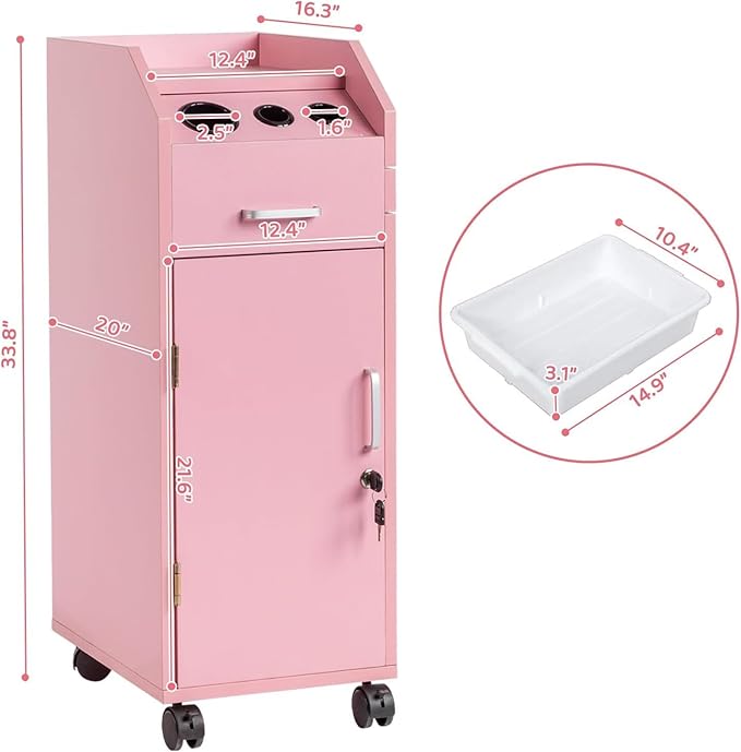 Modern Styling Station Cart for Hair Stylist,Wooden Hair Salon Station Storage Cabinet,Beauty Salon Storage Equipment,Beauty Spa Tool Organizer,with Wheels,for Barber Shop, Home, Bathroom (Pink)