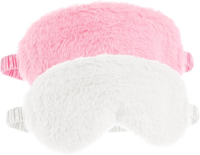 2 Pcs Plush Fluffy Eye Mask Soft Sleeping Blindfold Eye Cover Comfortable Furry Faux Fur Sleeping Mask Satin Nap Night Eyeshade Cover for Women Men Gift (White, Pink)