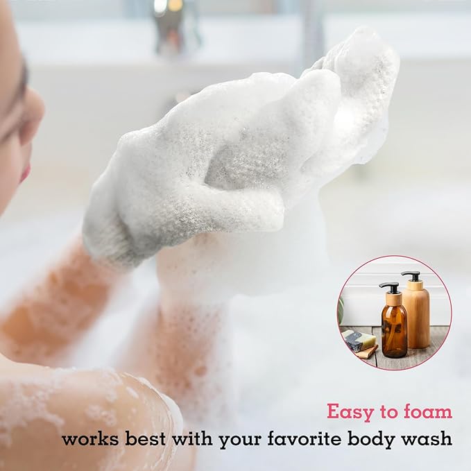 Evridwear Exfoliating Glove Shower Gloves Exfoliate Dead Skin for Dry Sensitive Skin No Irritation with Hanging Loop (White Gentle Exfoliation)