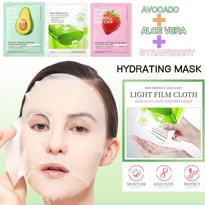 12PC Natural At-Home Spa Skincare Kit | Strawberry Aloe Vera Avocado Face Hand Foot Lip Mask Set | Hydrating Nourishing for Dry/Dehydrated Skin | Gentle Daily Care & Holiday Gift Favors for Women