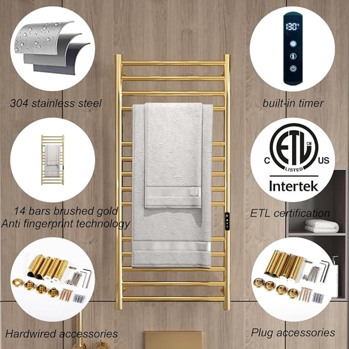 Gold Wall Mounted Heated Towel Rack,Gold Towel Warmers Rack for Bathroom, Timer & Temperature Control Electric Towel Drying Rack (14 Bars Brushed Gold A, Plug-in)