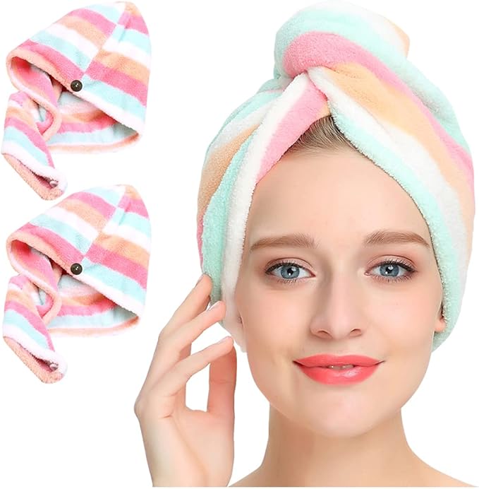 AuroTrends Microfiber Hair Towel 2Pack, Hair Towel Wrap for Women/Kids- Super Absorbent Soft Microfiber Towel for Hair, Hair Drying Towels for Long/Thick/Fine/Curly Hair (Set of 2, Rainbow)