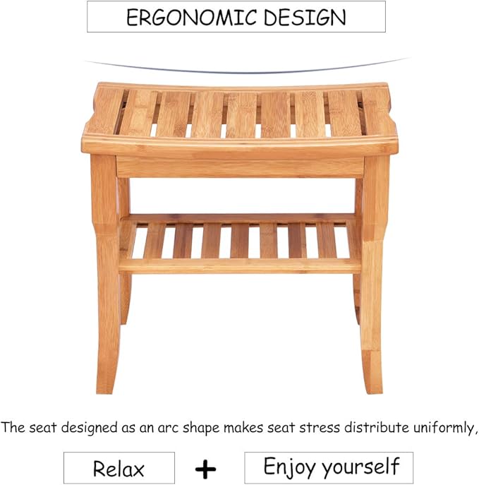 Giantex Bamboo Shower Bench Seat with Storage Shelf, Shower Spa Chair Seat Bench Organizer Stool for Indoor or Outdoor