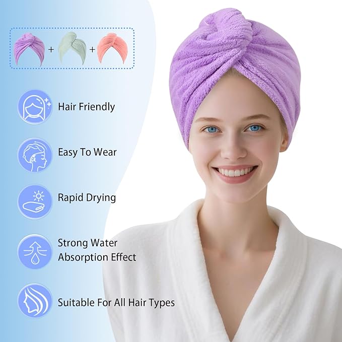 Microfiber Hair Drying Towel Wrap for Women, Hair Turbans Towel for Wet Hair,turbie Twist Hair Towels(The Color of the Picture is for Reference only) (Pink,Purple,Light Green)