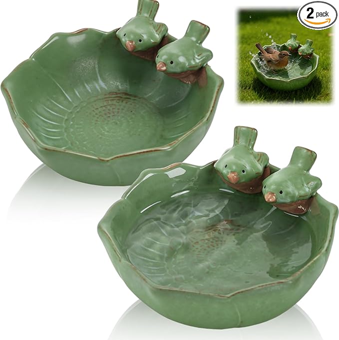 2 Pack Ceramic Bird Bath for Outdoors, 5.5" Ground Birds Bath Bowl for Outside, Heavy Duty Wild Bird Feeders, Feeding Tray Food Holder for Balcony Garden Lawn Patio Decor Tabletop, Green