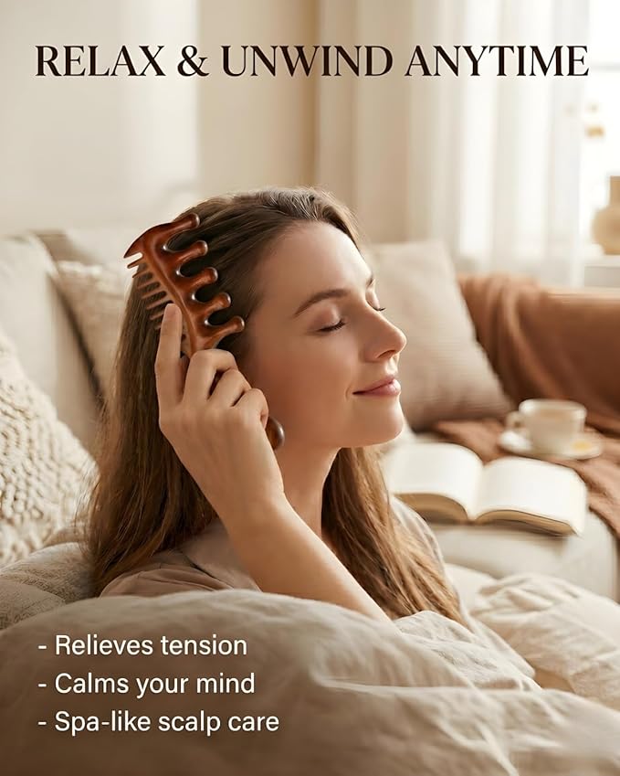 Wooden Scalp Massager Comb – Natural Wood Wide & Fine Tooth with Handle for Hair Growth, Scalp Care & Stress Relief – Detangling Tool for All Hair Types