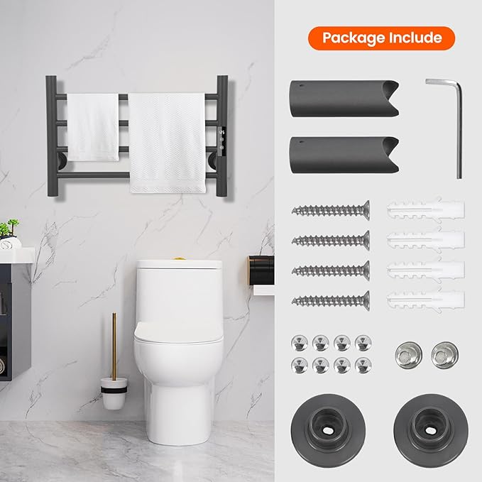 4 Bars Towel Warmer Rack, Electric Wall Mounted Heated Towel Rack with Timer and Temperature Control, Towel Heater Hard Wired/Plug-in Hot Towel Rails for Bathroom, Space Grade Aluminum, Grey
