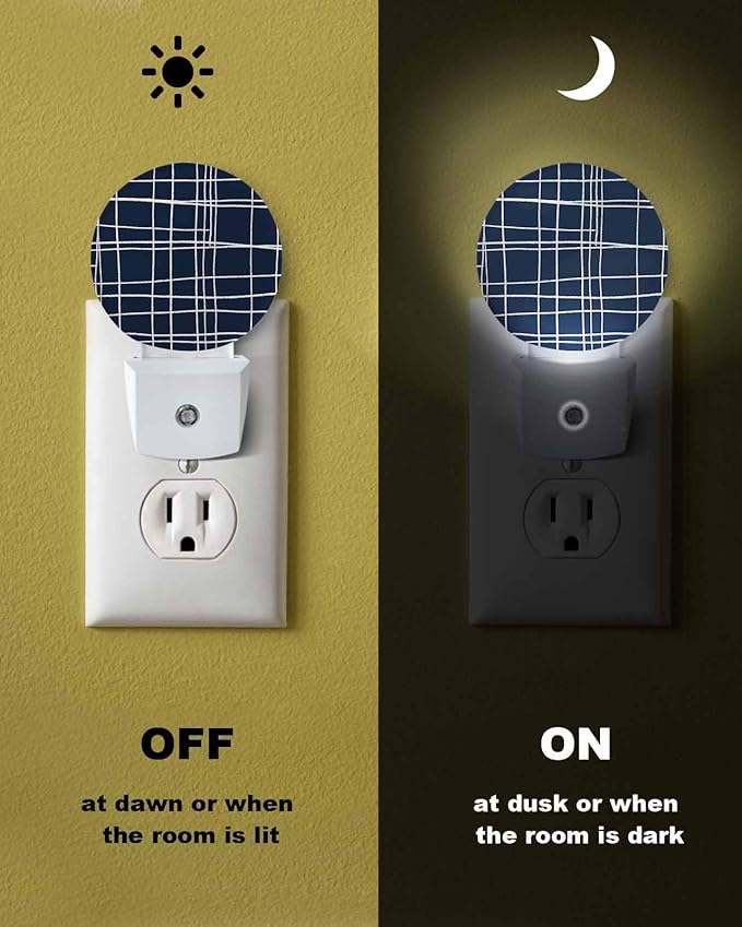 Night Lights Auto Sensor Navy Blue Checked Plaid Night Light Minimalist Grid Lines Round Lamp Plug-in LED Nightlights Dusk to Dawn for Living Room Bedroom Bathroom Hallway Wall Decor