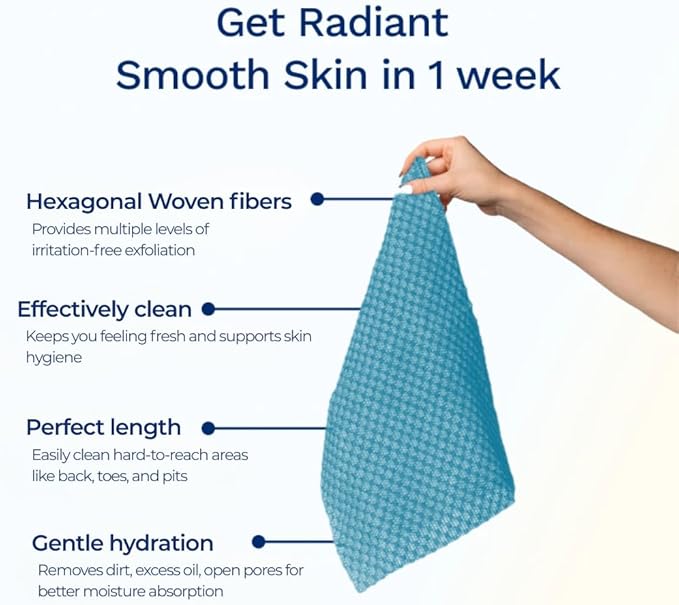 Sima Brand Exfoliating Washcloth Face & Body Scrub Towel - Japanese Exfoliating Towel with Hexagon Fibers, Body Scrubber with 2 Sides for Scrubbing & Washing, Extra Long Body Towels (Blue)