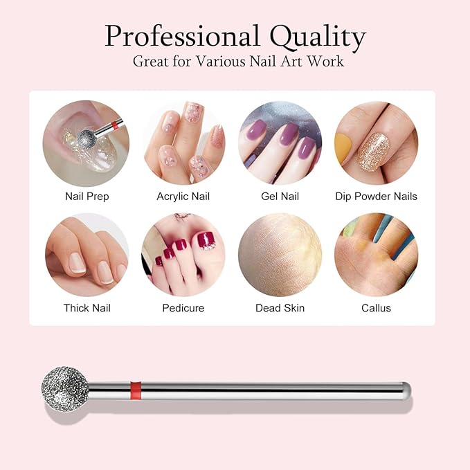 10pcs Safety Ball Cuticle Drill Bits, Carbide Diamond Nail Bits for Dead Skin Removal & Nail Shaping, 3/32'' Two Way Rotate, Professional Manicure Pedicure Salon Tools(5mm Ball Bit, Fine-F)