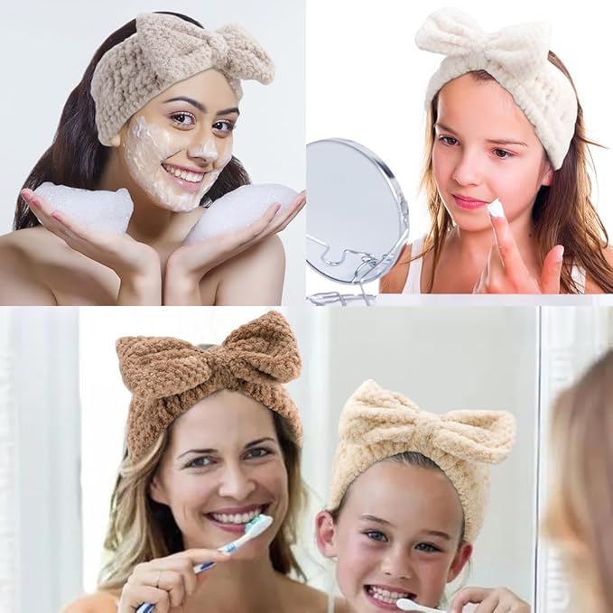 AHONEY 4 Pack Skin Care Facewash Headbands Women Girls Microfiber Spa Elastic Towel Facial Makeup Headbands for Washing Face (Bow)