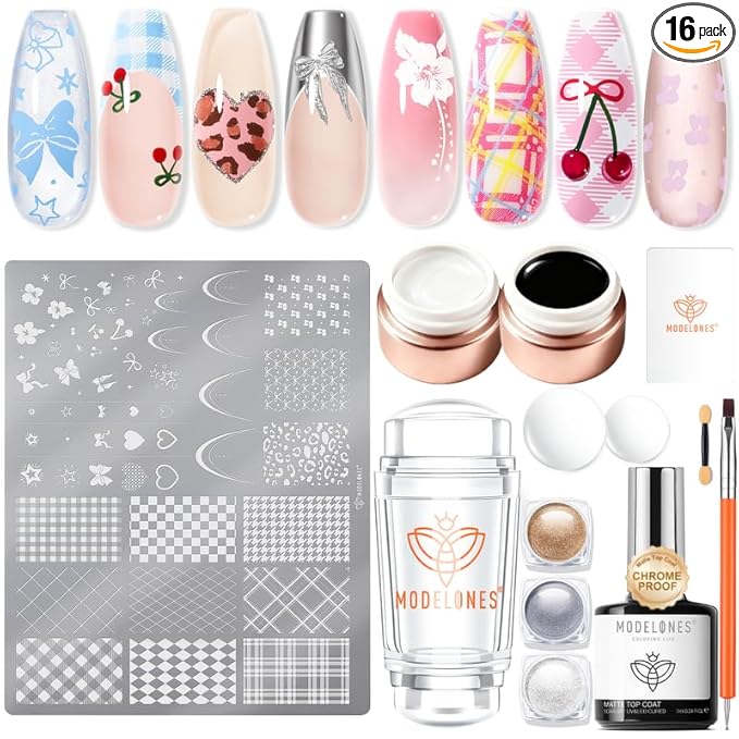 Modelones 16PCS Plaid Nail Stamping Kit – French Tip Stamper White Black Painting Gel Polish Chrome Powder Proof Matte Gel Top Coat Gingham Template Dual Nail Art Brush Spring Manicure Gift for Women