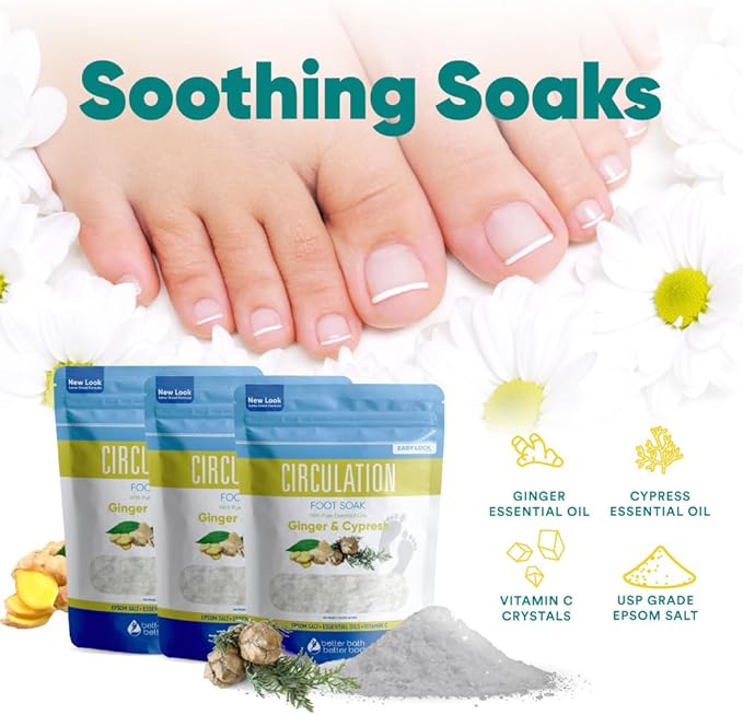 Circulation Foot Soak (3-Pack with Scoop) Foot Soaking Epsom Salts with Pure Essential Oils in BPA Free Pouch with Press-Lock Seal Made in USA, Three 2-Lbs Pouches 6-Lbs Total