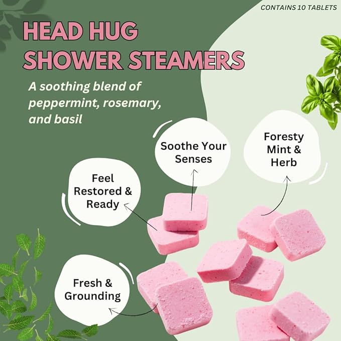 Head Hug Shower Steamers Aromatherapy for Relief - USA Made Mothers Day Gift for Mom - Peppermint & Rosemary Shower Bomb Tablets – Soothing Natural Essential Oils (10 Pack)