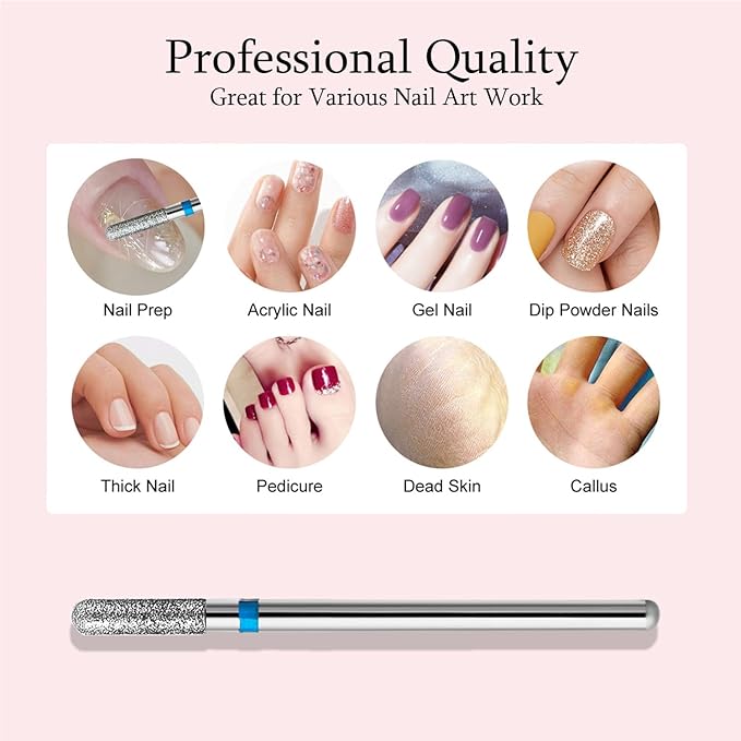 10pcs Safety Round Barrel Cuticle Drill Bits, Carbide Diamond Nail Bits for Dead Skin Removal&Nail Shaping, 3/32'' Two Way Rotate, Professional Manicure Pedicure Salon Tools, Medium-M