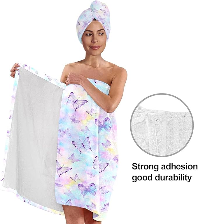 Women's Butterfly Print Towel Wrap and Hair Drying Cap Set – Pastel Microfiber Shower Wrap – Quick Dry Spa, Dorm, Travel Gift for Her