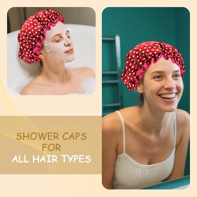Christmas Red Polka Dot Shower Cap for Women Girls Vintage Polka Dot Shower Caps for Briads Womens Reusable Bathing Caps for Women Double Layer Waterproof Washable Bathing Cap for Thick Thin Hair