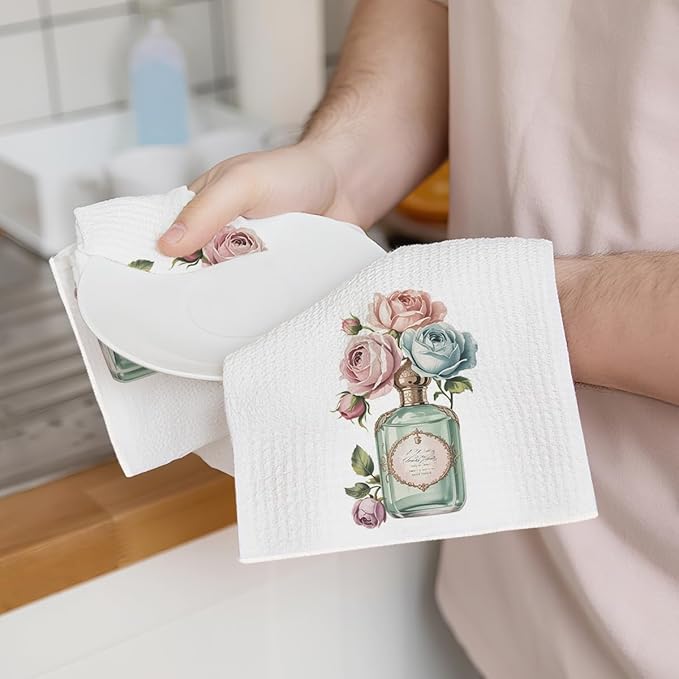 2pcs Vintage Rose and Perfume Bottle Floral Kitchen Towels, Multifunctional Absorbent Lightweight Microfiber Towel, Perfume Lover Gift, Suitable for Home Kitchen Dinner Wedding Gift, Home Decor
