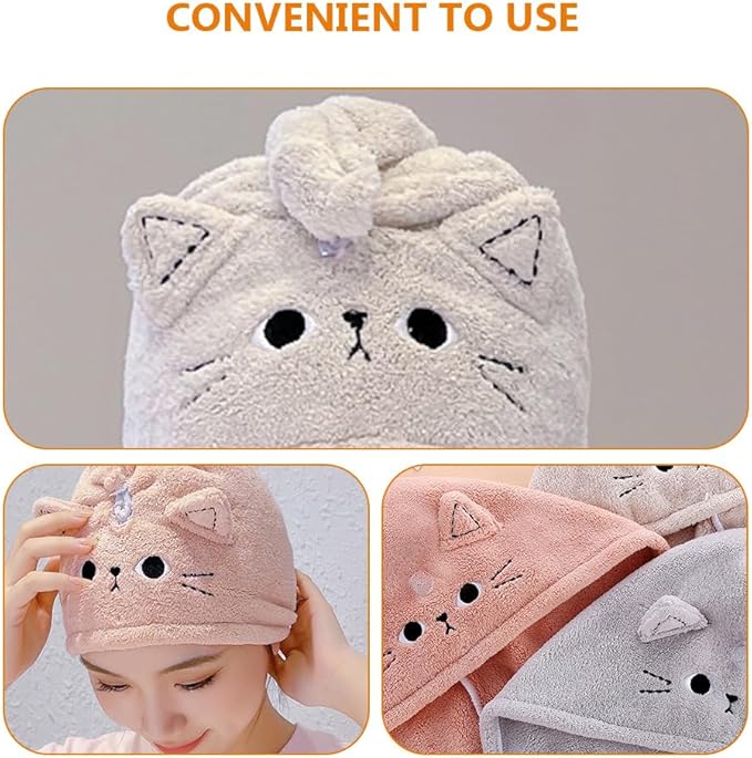 ARTIBETTER 3Pcs Cute Cat Hair Wrap Towels for Kids, Thickened Coral Fleece, Quick Dry Towel, Strong Water Absorption, Soft Shower Cap, Mixed Color for Bath & Household Daily Use