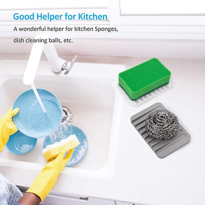 4PCS Silicone Soap Dishes for Shower, Upgrade Self-Draining Bar Soap Holder, Premium Sponge Holder for Sink, Kitchen, Bathroom, or Counter, Easy Clean, Can Extend Soap Life (White & Gray)