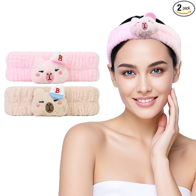 Spa Headband for Washing Face, 2 Pack Cute Halloween Hair Band for Shower Yoga Beauty, Fluffy Makeup Headband, Kawaii Facial Headbands for Woman Girls, Pink+Beige Capybara