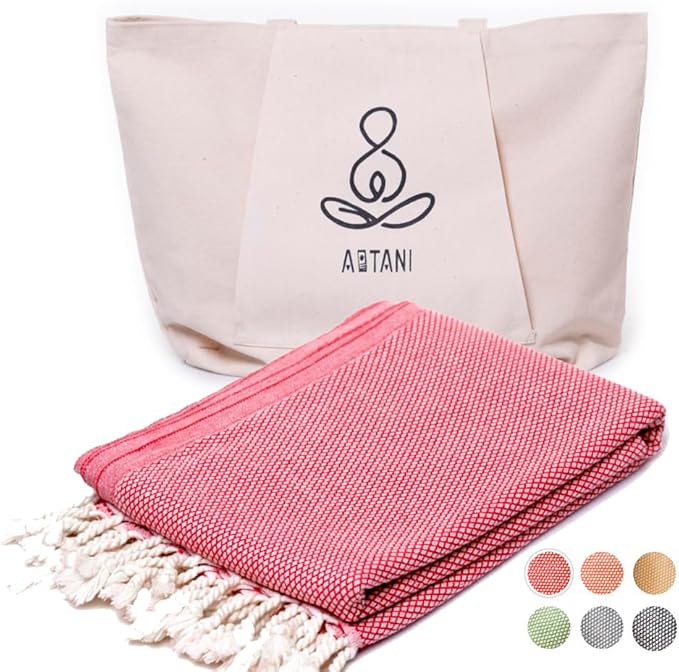 ATANI 69x35 in Oversized Turkish Beach Towel Set with Tote Bag – Quick-Dry 100% Turkish Cotton Peshtemal, Sand-Resistant, Lightweight for Shower, Travel, Pool, Yoga (Red)