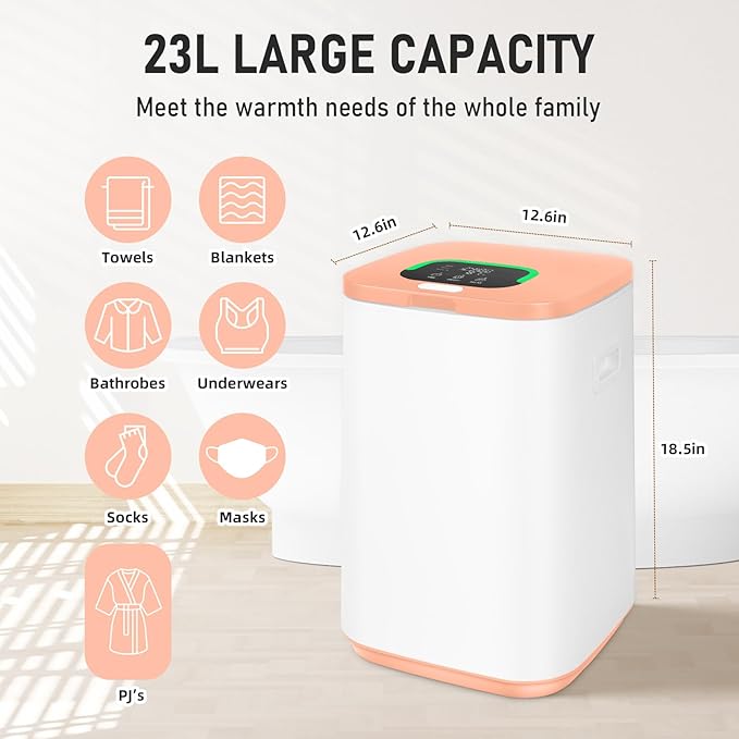 Towel Warmer for Bathroom, 23L Large Towel Warmers, Heated Towel Warmer Bucket with LED Display, 3 Heating Modes, 20/40/60 Min, Auto Shut Off, Child Lock, Hot Towel Heater Warmer Spa, Orange