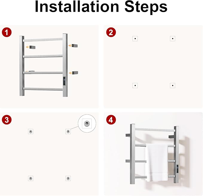 HARNDY Electric Towel Rack with Voice Control for Alexa & Google Home,TUYA - Wall-Mounted Bathroom Heating Towel Warmer,Plug-in,Stainless Steel Material (Square Brushed with Timer, 4 Bar)