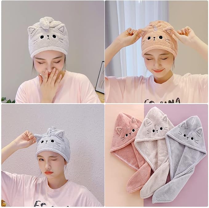 Cute Cat Microfiber Hair Towel Wrap for Kids,3 Packs Hair Drying Towels Rapid Dry Hair Turban Funny Twist Hair Towel for Women Girls Kids Curly Long Hair(Cat)