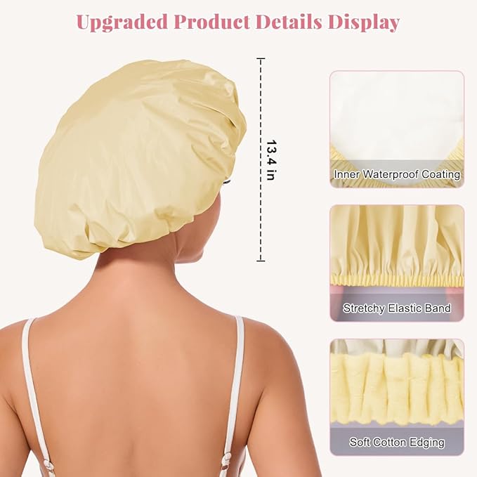 Shower Cap for Women Waterproof Reusable, Large Shower Cap Non-Slip with Elastic Band, Washable Bath Hair Hat for Long Hair, Braids (Light Yellow)