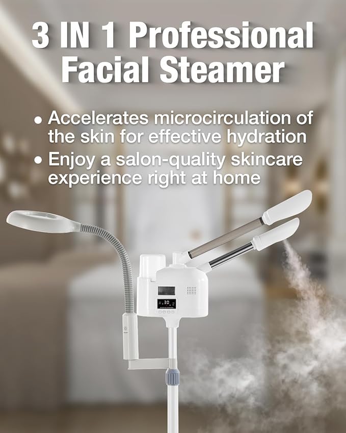 Professional Facial Steamer 3 in 1 Steamer for Face with Hot & Cold Nozzle 5X LED Magnifying Lamp Facial Steamer for Esthetician Beauty Face Equipment Use at Home or Salon
