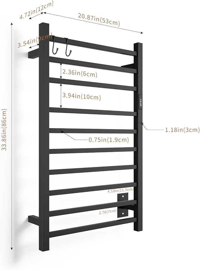 Wall Mounted Towel Warmer Square 10 Bars with Plug-in and Hardwired Options 3 Working Modes Black Stainless Steel 21" W 34" H