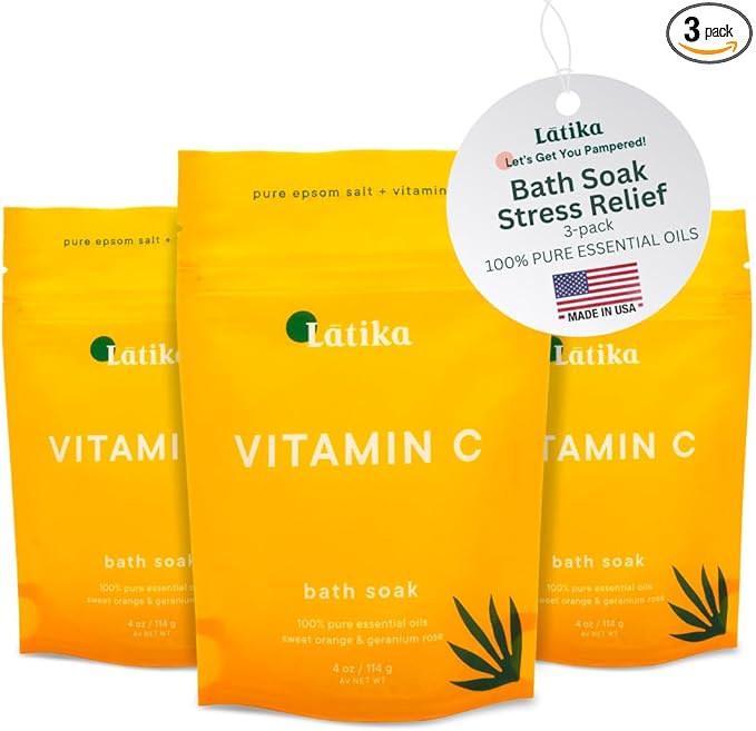 Latika Soaks Set of 3 - Vitamin C Bath Soaks with Sweet Orange and Geranium Rose - Moisturizing Epsom Salt Soaks for Stress Relief, Detox, and Antioxidant Skincare - At Home Spa Retreat