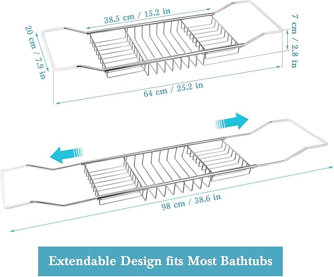 Cabilock Stainless Steel Expandable Bathtub Tray, Chrome Polished Telescopic Bath Tub Shelf, Bathroom Organizer for Soap, Shampoo, Phone and Sundries