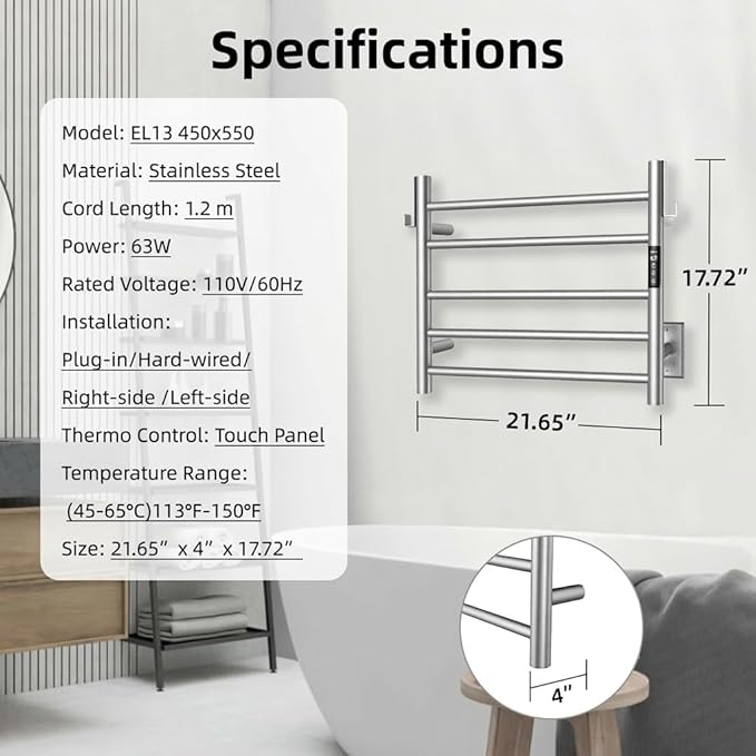 P&Dlusir Towel Warmer, Heated Towel Rack with Smart Timer and Thermo Control, Wall-Mounted Heated Towel Rail, Stainless Steel, Hard-Wired/Plug-in, Brushed, 5 bar