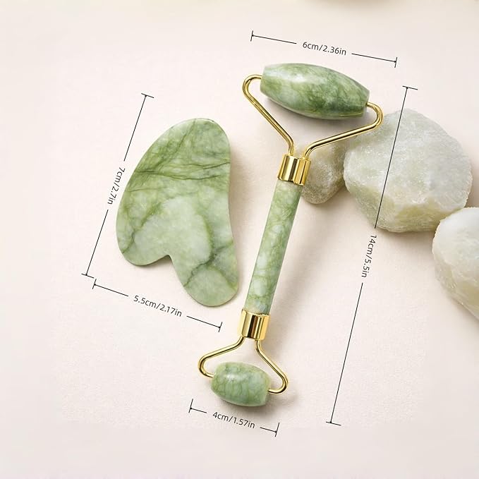 Jade Roller and Gua Sha Set, Natural Jade Stone Facial Massage Tools with Gold Frame for Puffiness and Redness Reducing, Skin Care Routine Gift