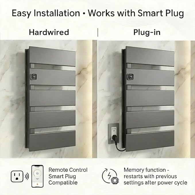 Electric Towel Warmer, Heated Towel Rack with Thermo Control and Timer, Fast Heating Towel Rail for Bathroom with Memroy Function, Work with Smart Plug, Left-Wiring, 5 Panel, Gun Gray
