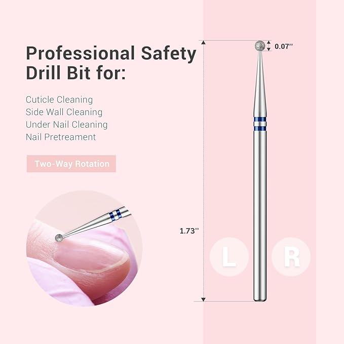 MelodySusie 1.8mm Ball Shape Cuticle Clean Nail Drill Bit 3/32'', Professional Safety Carbide Diamond Under Nail Cleaner for Cuticle Dead Skin Nail Prepare, Beginners Bits, Series Bit-S, Medium
