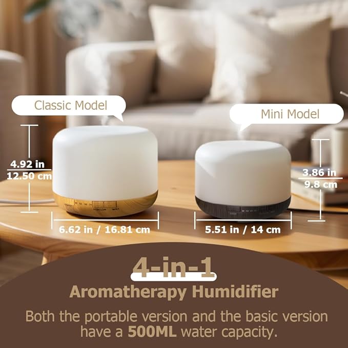 500ml Essential Oil Diffuser,Quiet 4-in-1 Ultrasonic Aromatherapy Humidifier,7 Color LED Lights,Timer & Auto-Off,BPA Free,Large Capacity Room Fragrance(Deep Woodgrain, Mini Model)